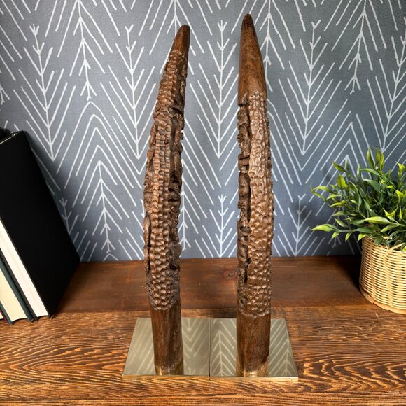 Vintage Hand Carved Wood Elephant Tusk Bookends or Sculptures on Brass Bases - Picture 7 of 17